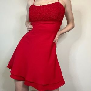 VINTAGE • 90s Sharnel USA Red Strappy Ruffle Mini Dress